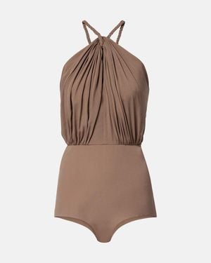 Elie Saab Gathered Silk Georgette Bodysuit - Brown