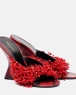 Dries Van Noten Beaded Snake-Print Leather Wedge Mules - Red