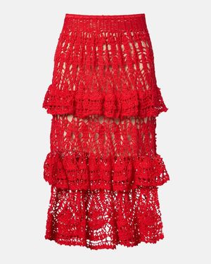 Anna Kosturova Elsie Crochet Ruffled Cotton Midi Skirt - Red