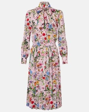 Gucci Floral Pleated Silk Shirt Dress - White