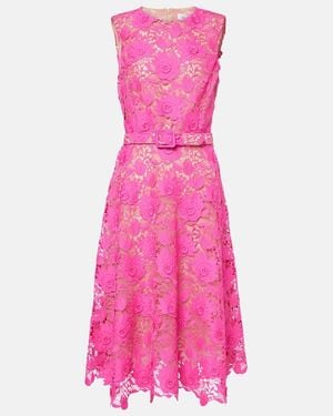 Oscar de la Renta Belted Guipure Lace Midi Dress - Pink