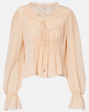 Chloé Shirred Cropped Lace-Trimmed Silk Blouse - Natural