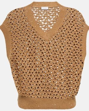 Brunello Cucinelli Open-Knit Cotton, Linen And Silk Top - Metallic
