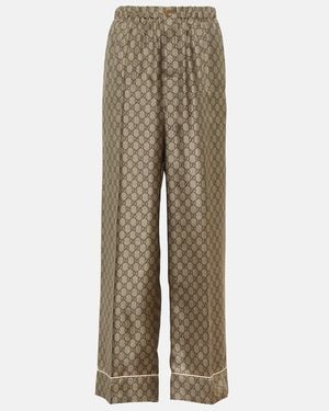 Gucci Gg Supreme Printed Silk Twill Wide Trousers - Natural