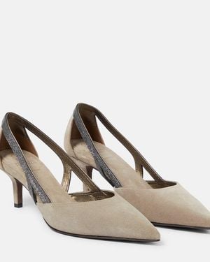 Brunello Cucinelli Embellished Suede Slingback Court Shoes - Natural