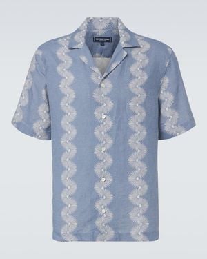 Frescobol Carioca Roberto Printed Linen Bowling Shirt - Blue