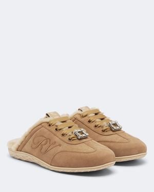 Roger Vivier Viv Low Embellished Suede Mules - Natural
