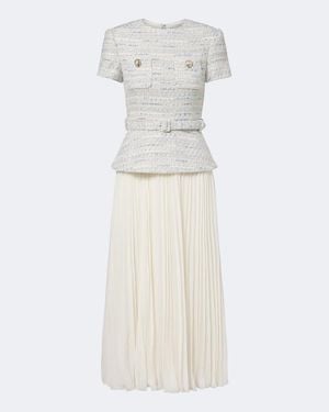 Self-Portrait Belted Boucle And Chiffon Midi Dress - White