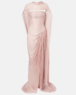 Marmar Halim Draped Pleated Scarf-Detail Bustier Gown - Pink