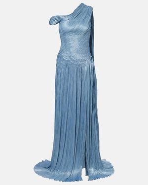 Marmar Halim Draped Pleated Silk Chiffon Gown - Blue