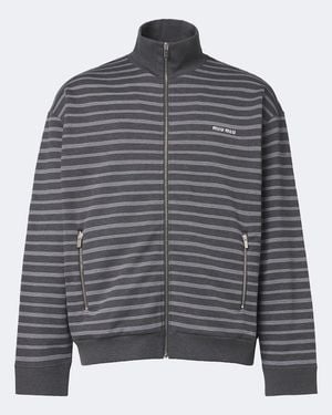 Miu Miu Striped Oversized Cotton Fleece Sweatshirt - Grey
