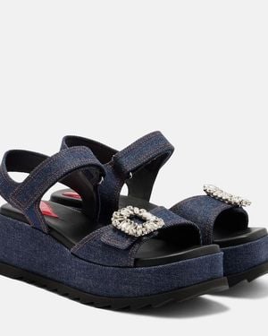 Roger Vivier Embellished Denim Wedge Sandals - Blue