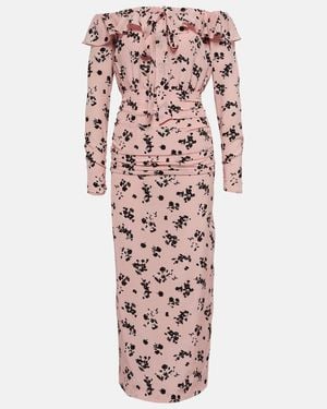 Alessandra Rich Floral Off-Shoulder Silk Midi Dress - Pink