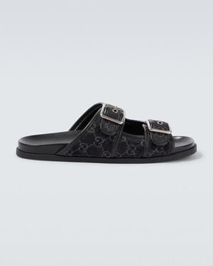 Gucci Gg Leather-Trimmed Canvas Slides - Black