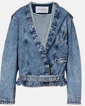 Alaïa Belted Hooded Denim Jacket - Blue