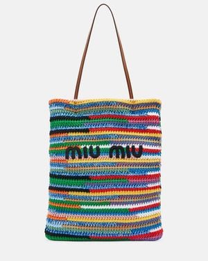 Miu Miu Leather-Trimmed Crochet Cotton Tote Bag - Multicolour