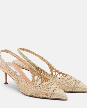 Aquazzura Kahlo Metallic Raffia And Mesh Court Shoes - Natural