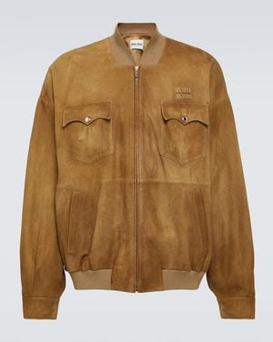 Miu Miu Logo Suede Bomber Jacket - Brown