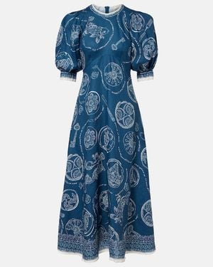 ALÉMAIS Lucky Printed Linen Midi Dress - Blue