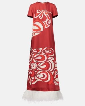 La DoubleJ Swing Feather-Trimmed Silk Maxi Dress - Red