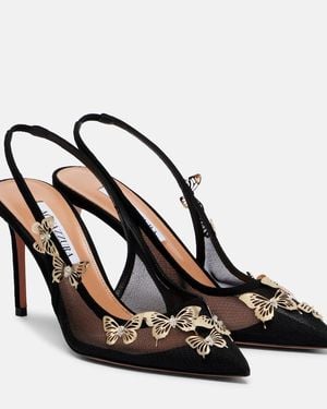 Aquazzura Papillon Embellished Mesh Slingback Court Shoes - Black