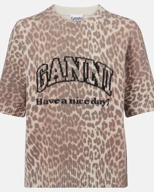 Ganni Logo Leopard-Print Wool-Blend Top - Brown