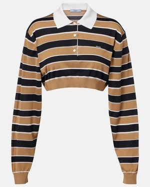 Prada Striped Cropped Silk Polo Shirt - Black