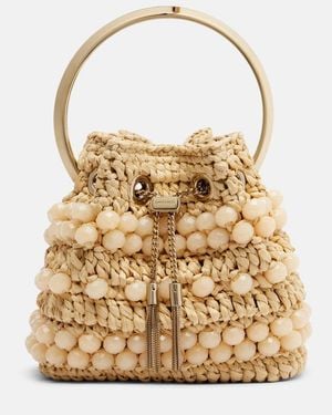 Jimmy Choo Bon Bon Small Beaded Raffia Bucket Bag - Metallic