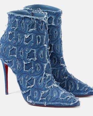 Christian Louboutin So Kate 100 Embroidered Distressed Denim Ankle Boots - Blue