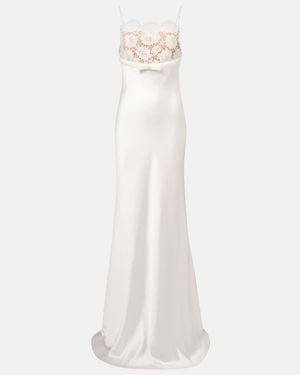 Self-Portrait Lace-Trimmed Satin Maxi Dress - White