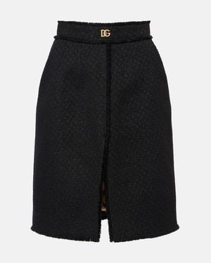 Dolce & Gabbana Raschel Tweed Midi Skirt With Central Slit And Dg Logo - Black