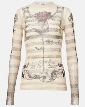 Jean Paul Gaultier Striped Printed Mesh Top - Natural