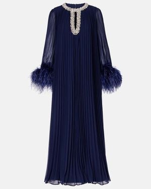 Self-Portrait Embellished Feather-Trimmed Chiffon Maxi Dress - Blue