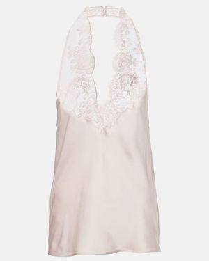 Saint Laurent Lace-Trimmed Halterneck Silk Charmeuse Top - Pink