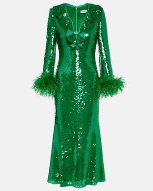 Self-Portrait Feather-Trimmed Sequined Midi Dress - Green