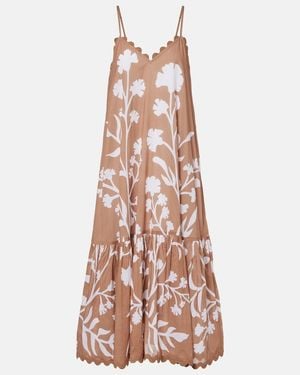 Juliet Dunn Floral Scalloped Cotton Midi Dress - Brown
