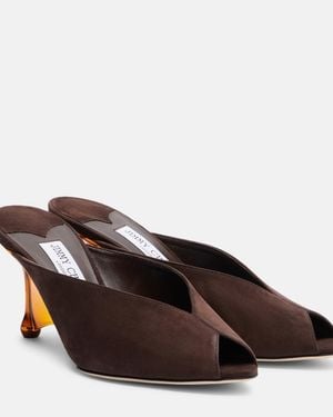 Jimmy Choo Glace Suede Peep-Toe Wedge Mules - Brown
