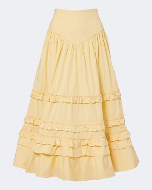Ganni Ruffled Shirred Tiered Cotton-Blend Midi Skirt - Yellow