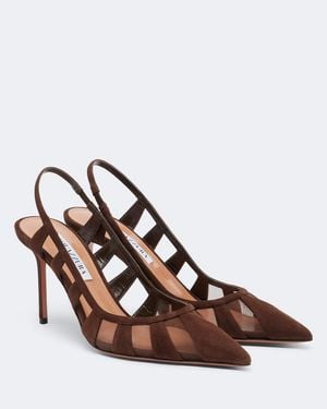 Aquazzura Screen 85 Suede And Mesh Slingback Court Shoes - Brown