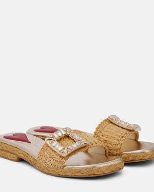 Roger Vivier Crystal-Embellished Raffia Mules - Brown