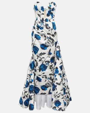 Rasario Draped Floral Satin Gown - Blue