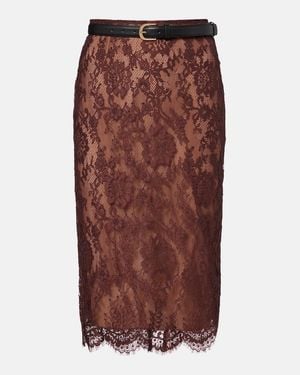 Self-Portrait Belted Floral Lace Midi Skirt - Brown