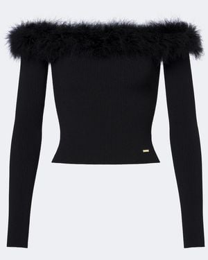 Gucci Feather-Trimmed Ribbed-Knit Top - Black