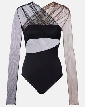 Nensi Dojaka Cutout Ruched Sheer Bodysuit - Black
