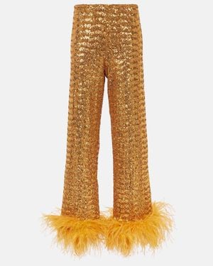 Oséree Feather-Trimmed Embellished Wide-Leg Pants - Orange