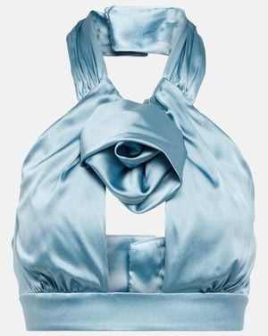 Alessandra Rich Ruched Satin Crop Top - Blue
