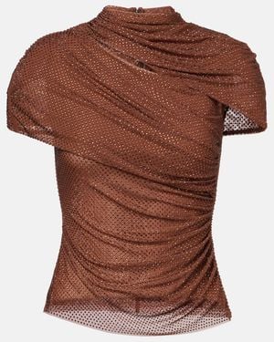 Self-Portrait Crystal-Embellished Draped Mesh Top - Brown