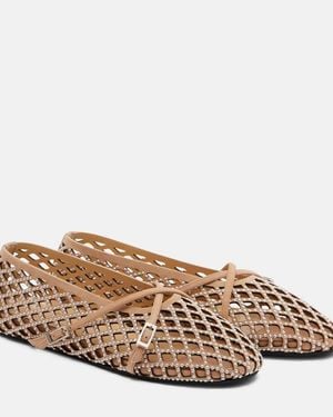 Mach & Mach Sparkle Mesh Embellished Suede Ballet Flats - Brown