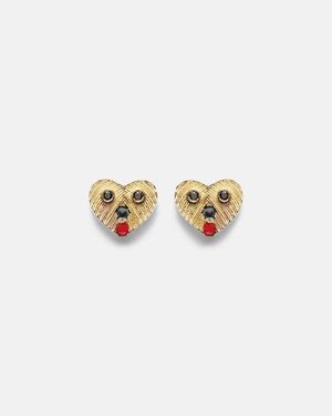 Yvonne Léon Pendientes Nano Puces De Oro De 9 Ct Con Diamantes Negros Y Esmalte - Blanco