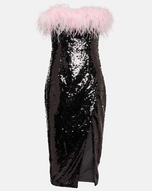 Self-Portrait Feather-Trimmed Sequined Midi Dress - Black
